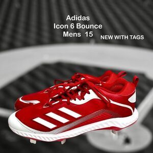 Adidas Men's Icon 6 Bounce Red White Baseball Metal Cleats FV9354 Men's Size 15